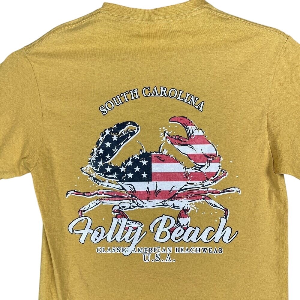 Folly Beach South Carolina USA Flag Crab Graphic Summer Tee Mens‎ Shirt S Yellow